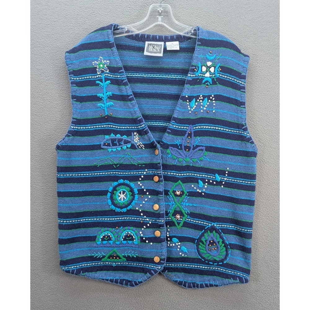 Sigrid Olsen Striped Embroidered Vest Women's XL Cotton Ramie Blue Grannycore - Picture 2 of 8